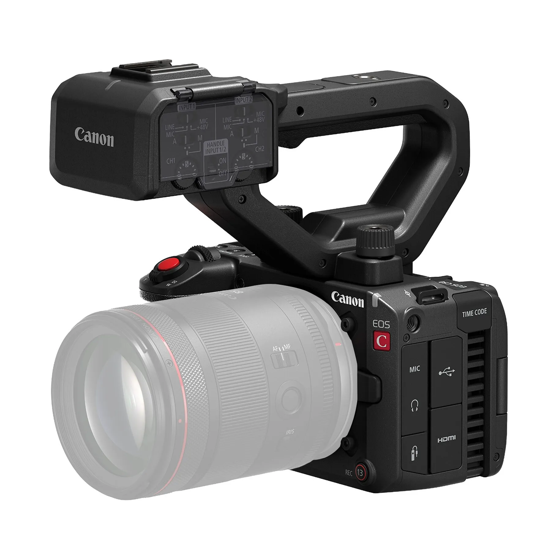 Canon EOS C50, vedere din diagonala, design-ul "box-style" iese in evidenta.