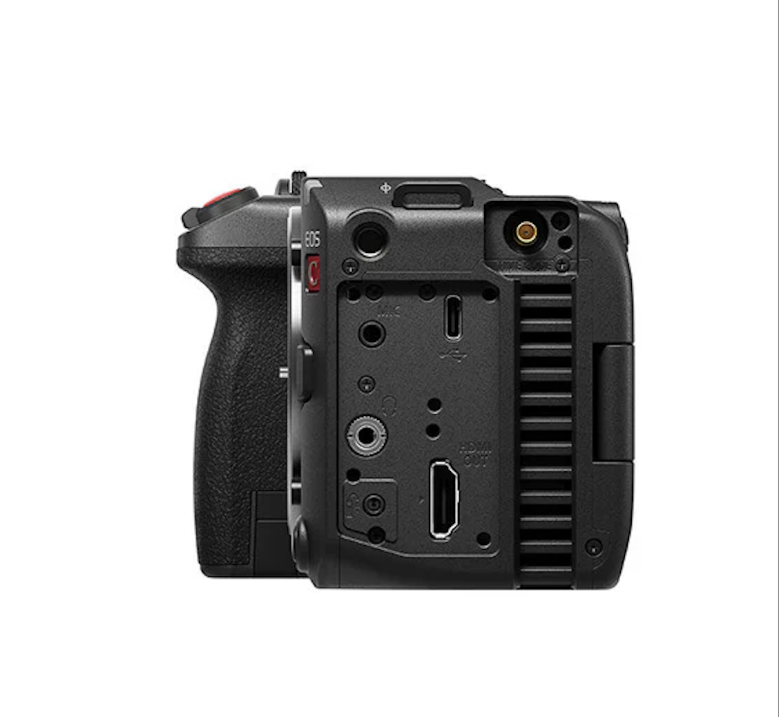 Canon EOS C50, vedere din partea stanga, se observa portul HDMI full-size, nu unul micro sau mini.